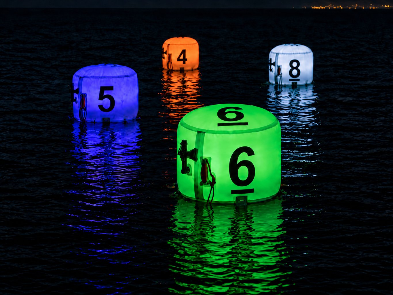 XP FROQ marker buoys in various light colors at night